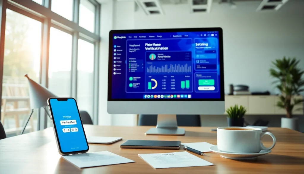Online phone number verification dashboard in a modern office, showcasing secure data processing.