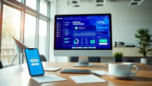 Online phone number verification dashboard in a modern office, showcasing secure data processing.