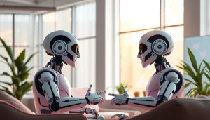 Chatbots in a modern workspace discussing relationships with soft lighting and a friendly atmosphere related to sex ai.