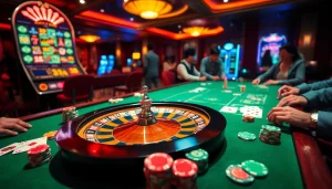 Experience the thrill of j88 gaming with vibrant poker chips and engaging players at a luxurious casino table.