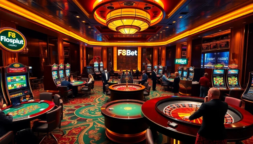 Experience the excitement at F8Bet's luxurious casino with vibrant gaming elements.