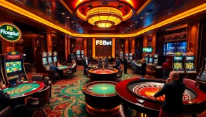 Experience the excitement at F8Bet's luxurious casino with vibrant gaming elements.