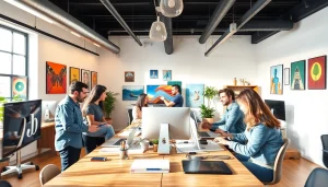 Creators promoting their work through a paid link in bio for creators in a modern workspace.