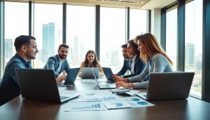 Analyze competitive intelligence data during a business meeting in a modern office.