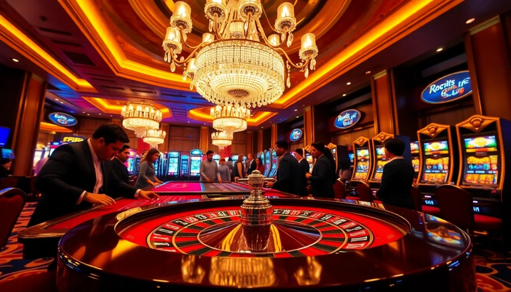 Players enjoying the excitement of RR88 at a luxurious casino featuring roulette and slots.