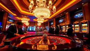 Players enjoying the excitement of RR88 at a luxurious casino featuring roulette and slots.