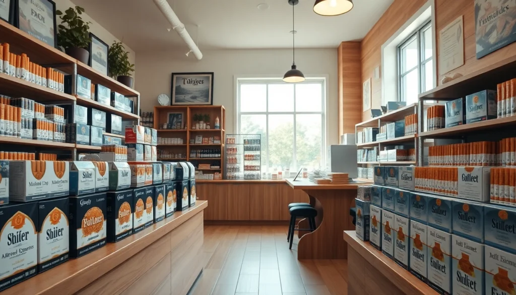 Showcase of cheap cigarettes usa available in a professional tobacco shop setting.