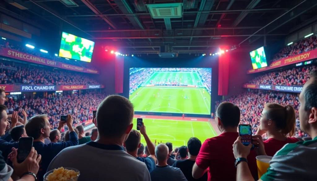 تجربة مشاهدة مثيرة لمباراة كرة قدم مباشرة عبر بث كورة تي في، جمهور حماسي.
