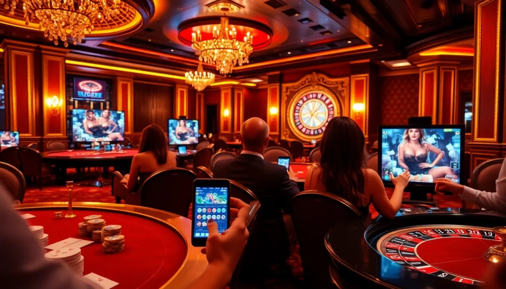 Players enjoying a mobile porn game in a luxurious casino atmosphere, highlighting gaming excitement.
