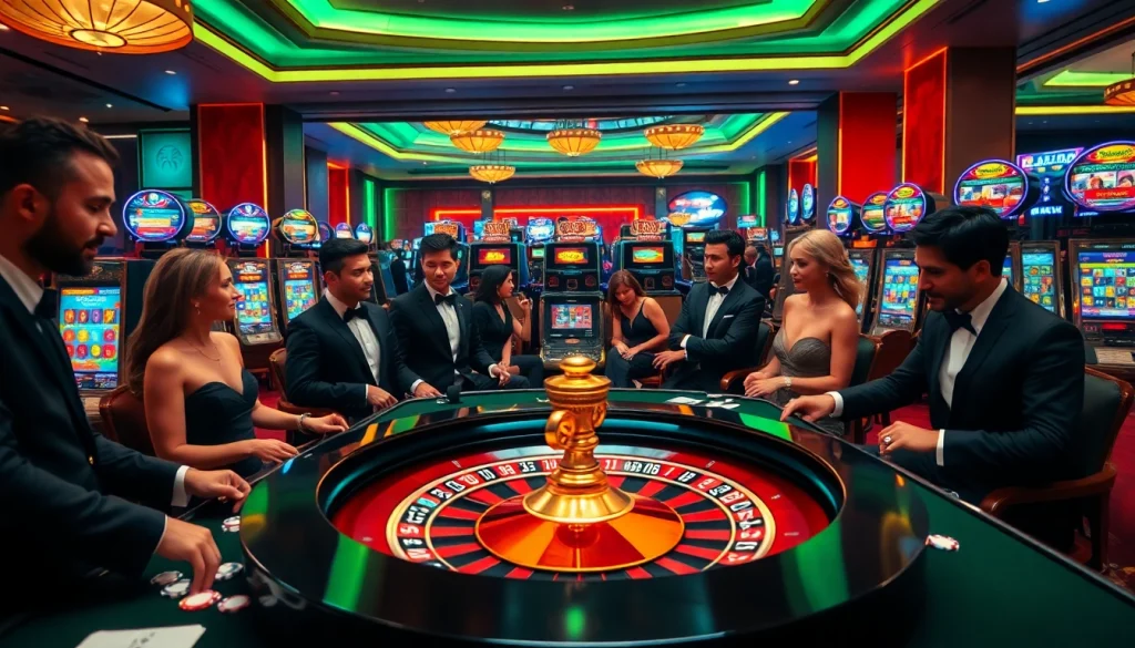 Experience excitement at https:/nk88.us.com/ with players placing bets around a luxurious roulette table.