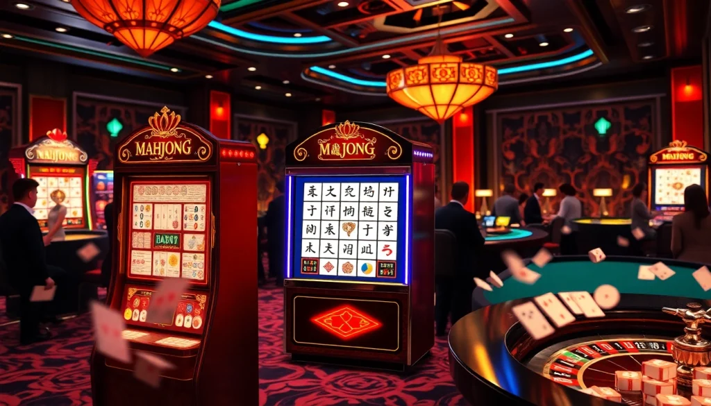 Putar gulungan slot demo Mahjong di lingkungan kasino yang penuh semangat dan berwarna-warni.