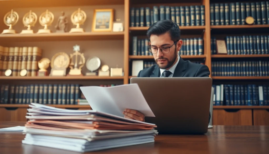 Intellectual property lawyer analyzing legal documents in a modern office.