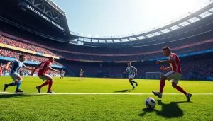 แสดงผลคะแนน ผลบอลสดไทย พร้อมนักฟุตบอลที่มีความมุ่งมั่นในสนามและแฟนบอลที่เชียร์อยู่ด้านหลัง