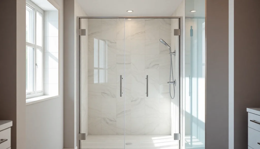 Showcasing sunney shower doors in a modern bathroom gleaming under natural light.