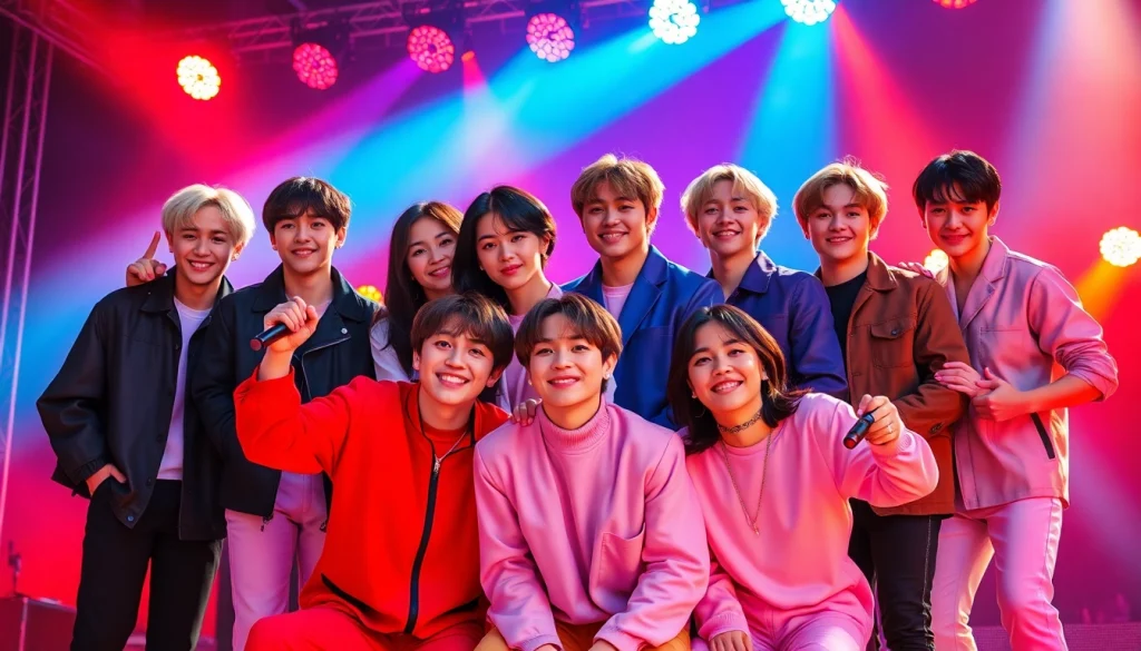BTS members performing together with vibrant stage lights and dynamic energy.