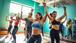 Individuals using pull-up assist bands in a vibrant gym, showcasing fitness and teamwork.