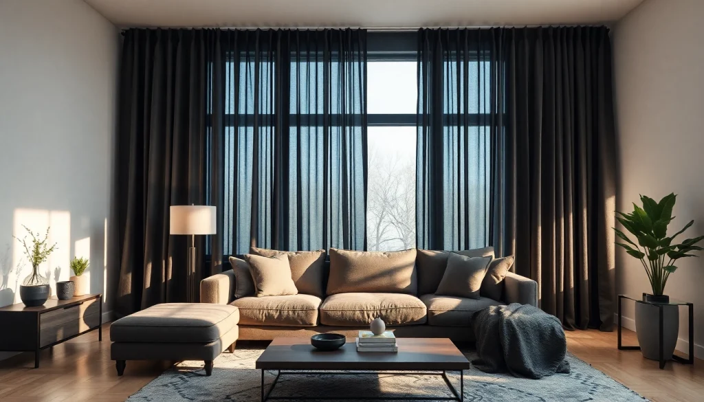 Verduisterende gordijnen in een moderne woonkamer die natuurlijk licht blokkeren en een stijlvolle sfeer creëren.