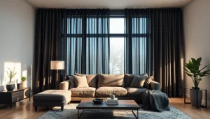 Verduisterende gordijnen in een moderne woonkamer die natuurlijk licht blokkeren en een stijlvolle sfeer creëren.