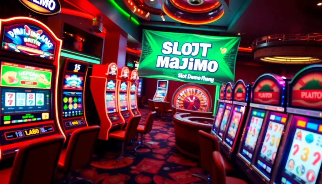 Experience the excitement of "Slot Demo Mahjong" with vibrant slot machines, players, and chips in a lively casino setting.