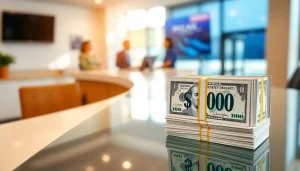 Menyerahkan deposit 1k uang tunai di bank dengan suasana yang aman dan profesional.