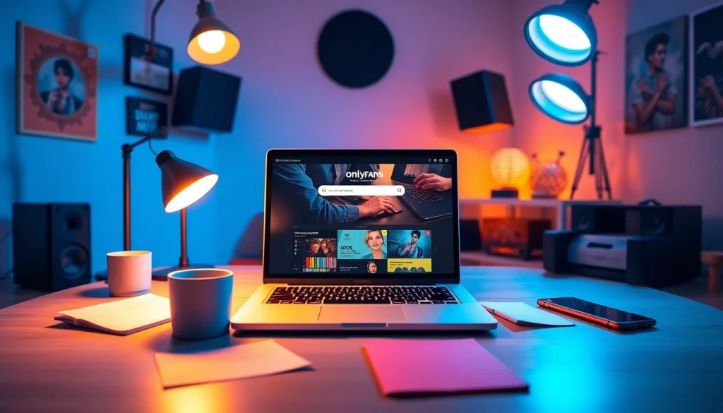 Engaging workspace with a laptop showcasing an onlyfans search engine for creators.