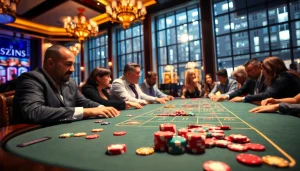 Menggambarkan suasana permainan qq8821 dengan pemain yang antusias di meja kasino.