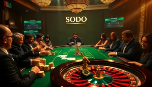 SODO Casino poker night, showcasing excitement with players and vibrant poker chips.