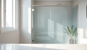Show shower screen door highlighting its sleek design and modern aesthetics in a well-lit bathroom.