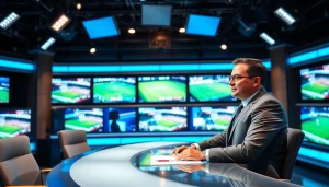 Sports Broadcasting studio scene with an energetic anchor at the news desk preparing for a live segment.