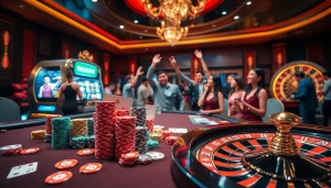 RR88 players celebrating at a luxurious poker table with vibrant chips and cards.