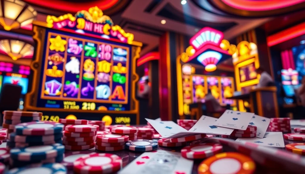 Experience the excitement of nổ hũ with lively slot machines and vibrant casino elements.
