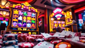 Experience the excitement of nổ hũ with lively slot machines and vibrant casino elements.