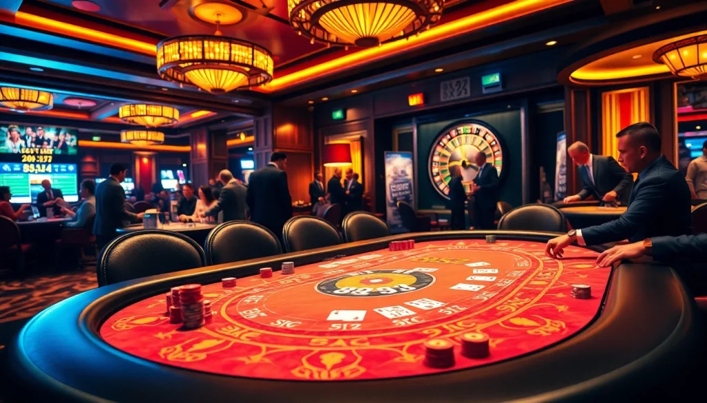 Feel the excitement of b52 at a luxurious poker table with vibrant chips and dealers.