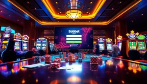 Engaging sbobet login interface displayed in a luxurious casino setting filled with players.