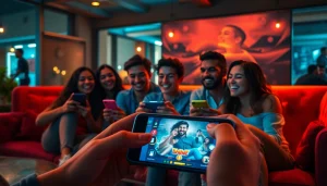 Enjoying an immersive mobile porn game in a cozy, vibrant lounge setting.