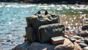 Showcase a fly fishing bag against a beautiful river backdrop, highlighting its features and functionality.