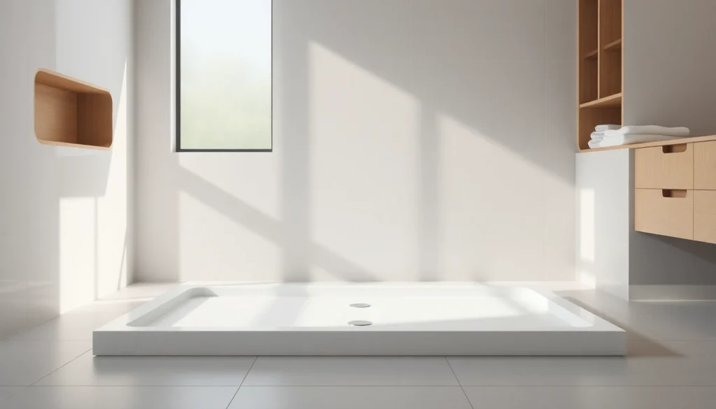 Highlighting a modern shower base with elegant design and neutral colors in a serene bathroom atmosphere.