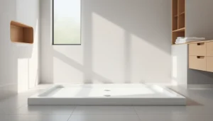 Highlighting a modern shower base with elegant design and neutral colors in a serene bathroom atmosphere.