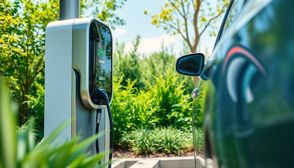 View the QIAO EV charger elegantly featured with a modern electric vehicle in a sunny outdoor setting.