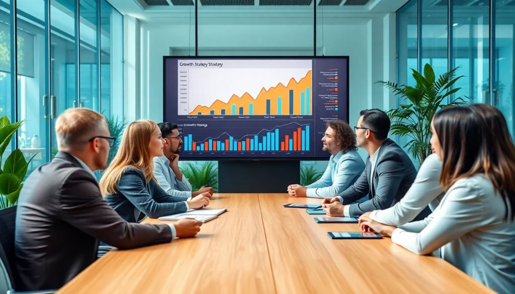 Analyze growth strategy trends with a diverse team at a professional meeting.