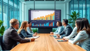 Analyze growth strategy trends with a diverse team at a professional meeting.