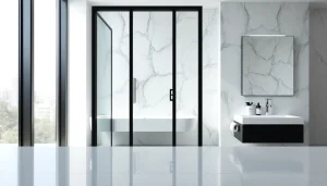 Stylish shower door black frame enhancing a modern bathroom's elegance and design.