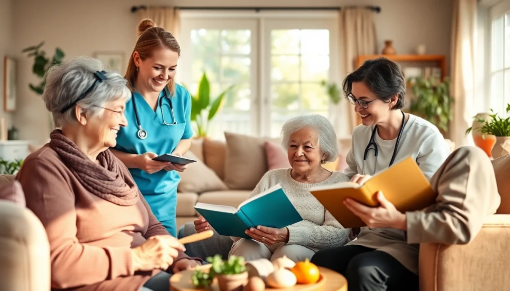 Engaging scene of senior caregivers in Austin, TX, assisting elderly clients with care and companionship.