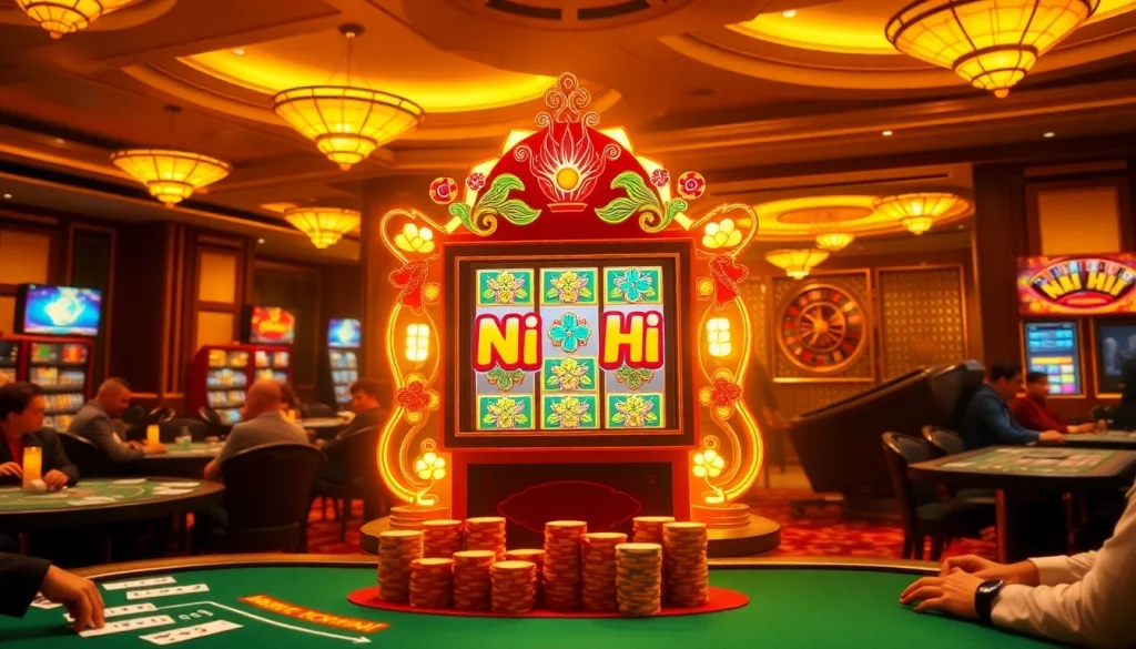 Players enjoying the thrilling nổ hũ slot machine experience in a vibrant casino setting.