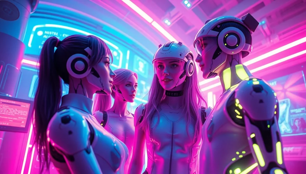 AI NSFW character interaction in a vibrant, futuristic digital landscape
