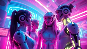 AI NSFW character interaction in a vibrant, futuristic digital landscape
