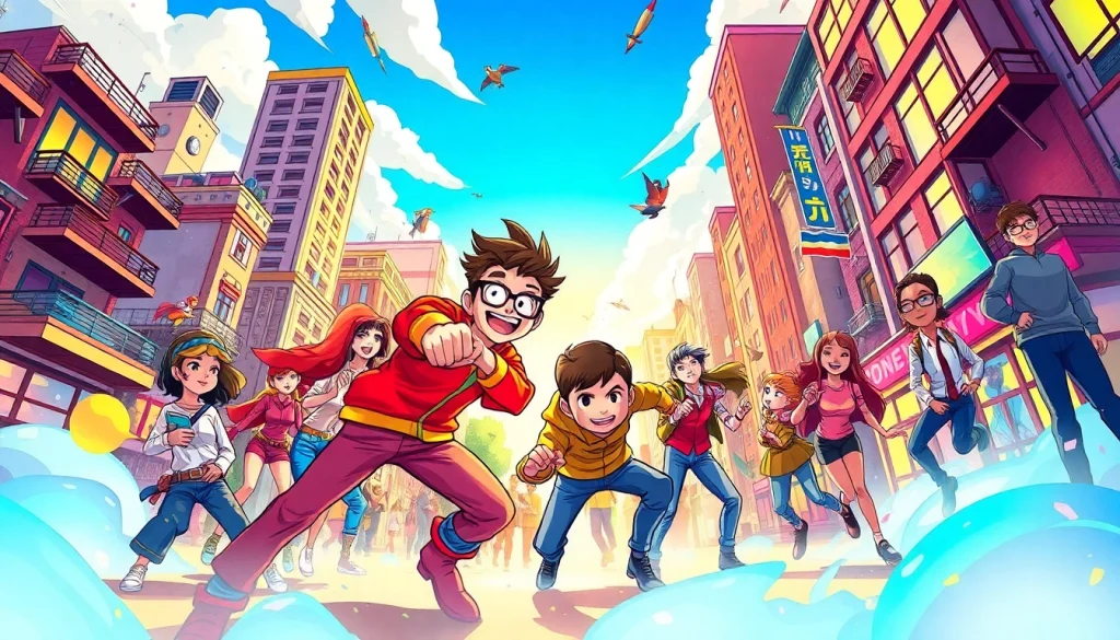 무료웹툰의 다양한 캐릭터들이 모험을 즐기는 화려한 만화 장면