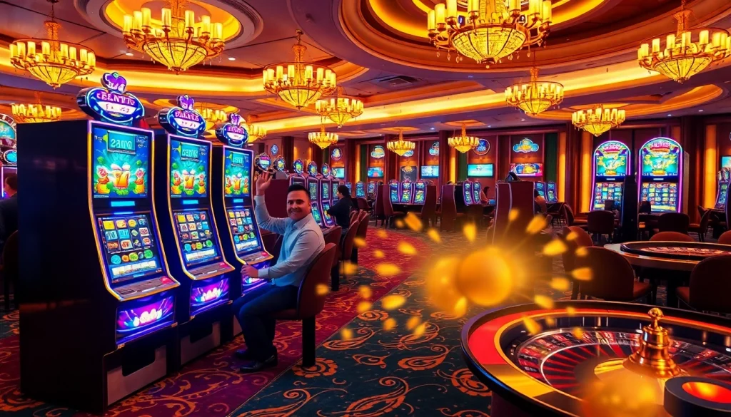 Pemain yang bersemangat merayakan kemenangan di mesin slot Depo Pulsa di kasino mewah.