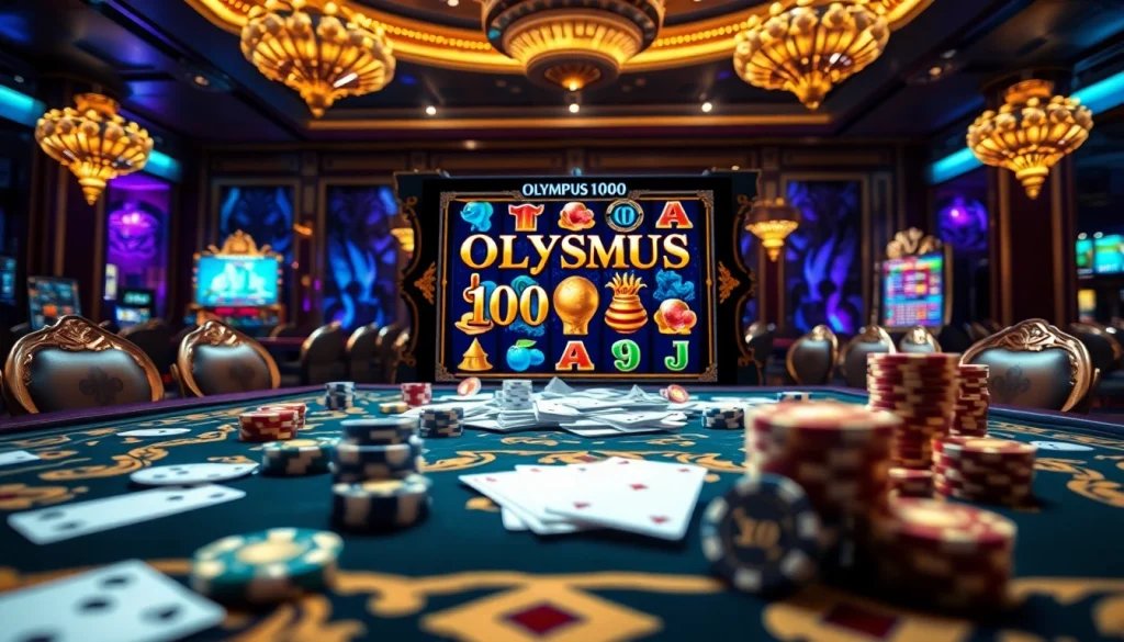 Exciting gameplay on the Olympus 1000 slot machine, showcasing vibrant casino elements.