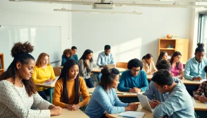 Education scene with diverse students and teachers collaborating in a modern classroom environment.